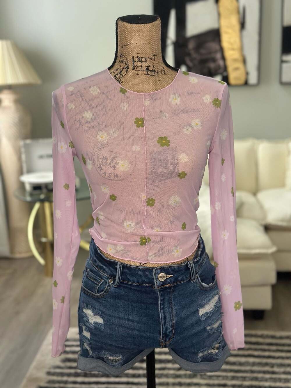 Women Long Sleeve Mesh See-Through Top  Small